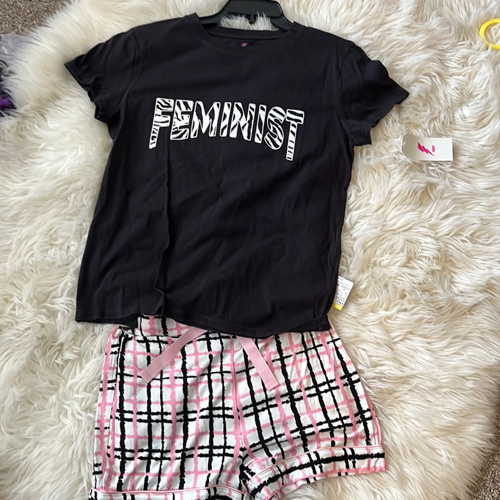 Feminist black T-shirt pink plaid high waisted shorts